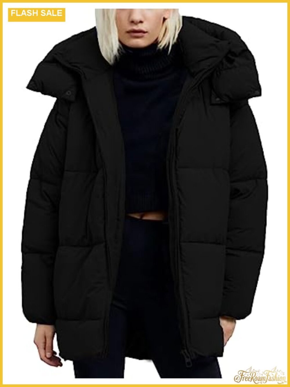 Women's Mid-Length Hooded Puffer Jacket Full Zip Winter Coat